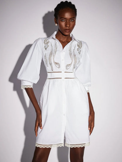 White High Neck Hollow-Out Patterned Mini Dress