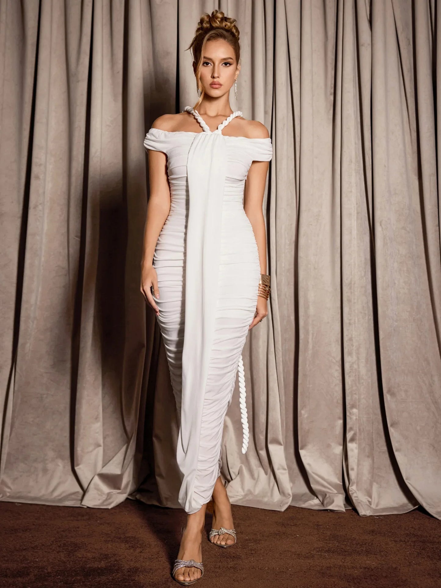 White Ruched Strap Design  Midi Dress