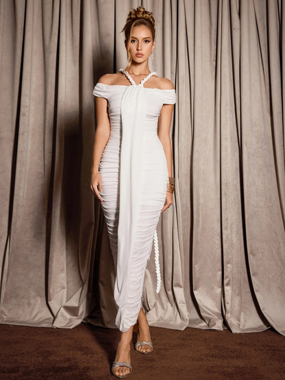 White Ruched Strap Design  Midi Dress