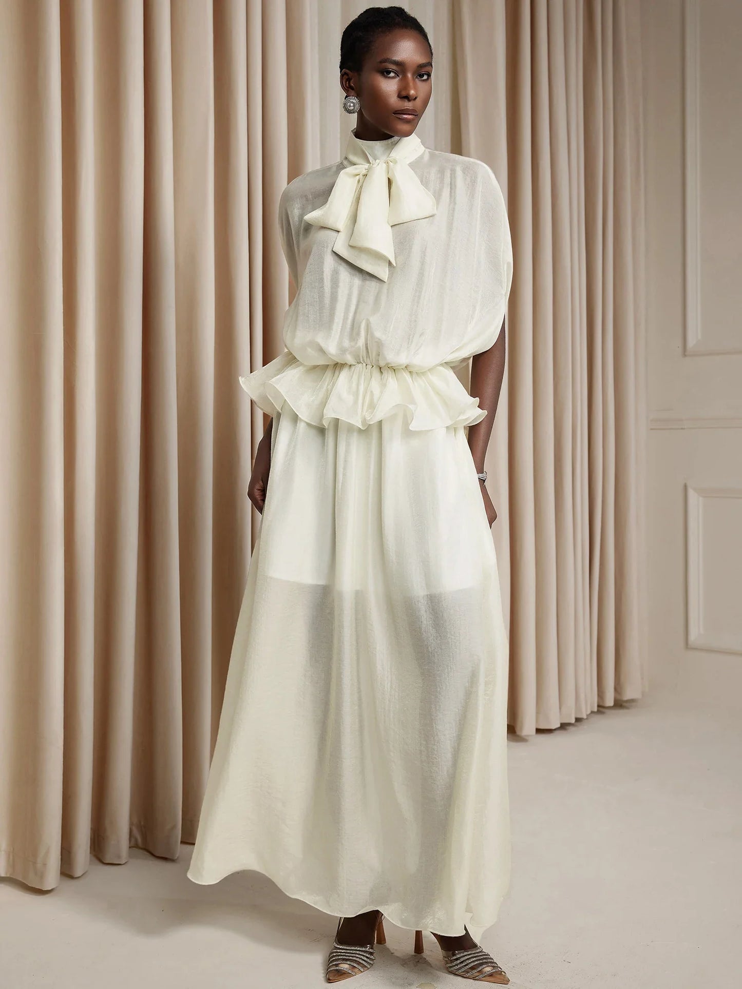 White Ruched Tie-Front Maxi Dress
