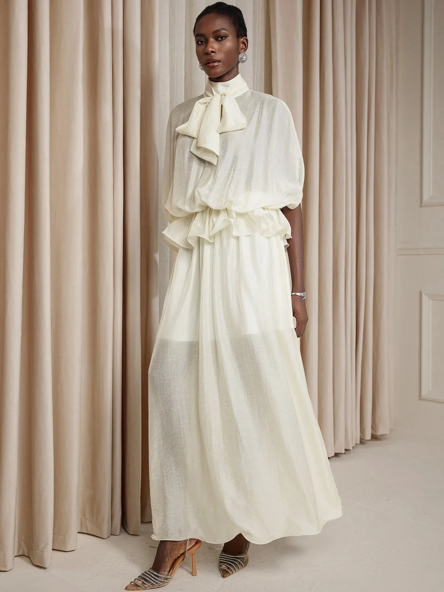 White Ruched Tie-Front Maxi Dress