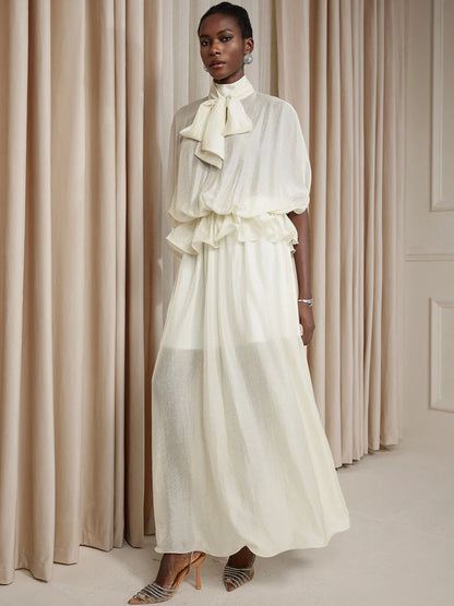 White Ruched Tie-Front Maxi Dress