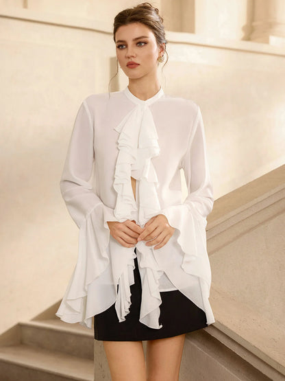 White Ruffle Front Flared Sleeve Blouse Tops