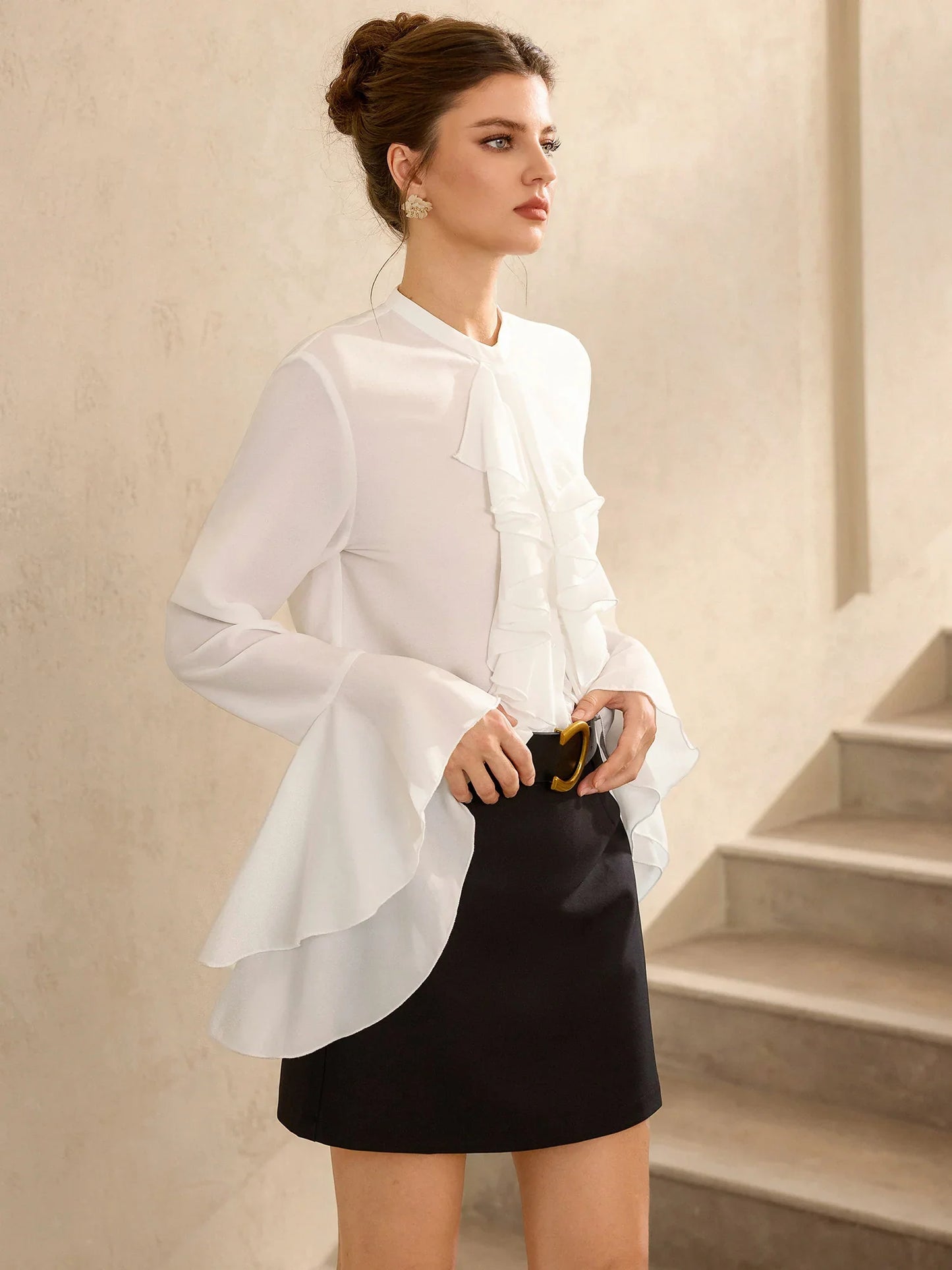 White Ruffle Front Flared Sleeve Blouse Tops