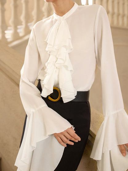 White Ruffle Front Flared Sleeve Blouse Tops