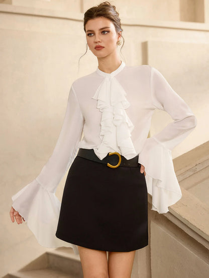 White Ruffle Front Flared Sleeve Blouse Tops