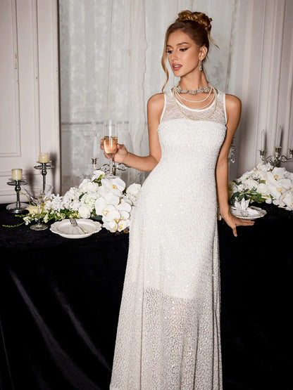 White Sequin Mesh Midi Dress