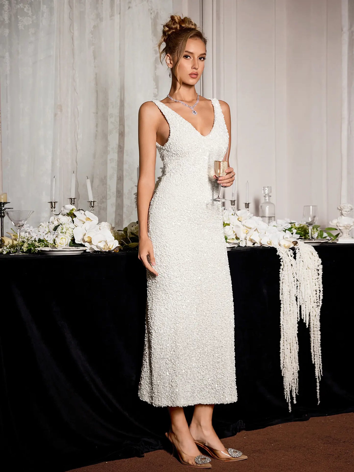 White Sleeveless Sparkly Evening Midi Dress