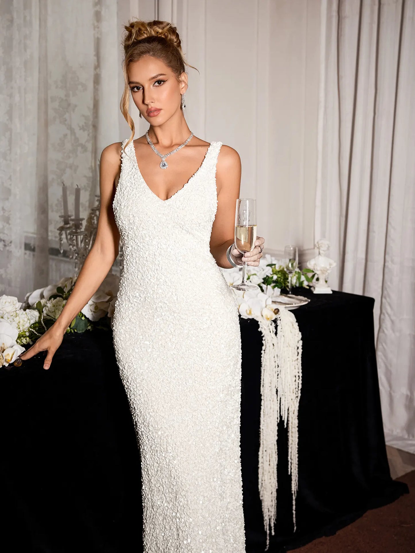 White Sleeveless Sparkly Evening Midi Dress