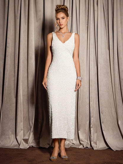 White Sleeveless Sparkly Evening Midi Dress