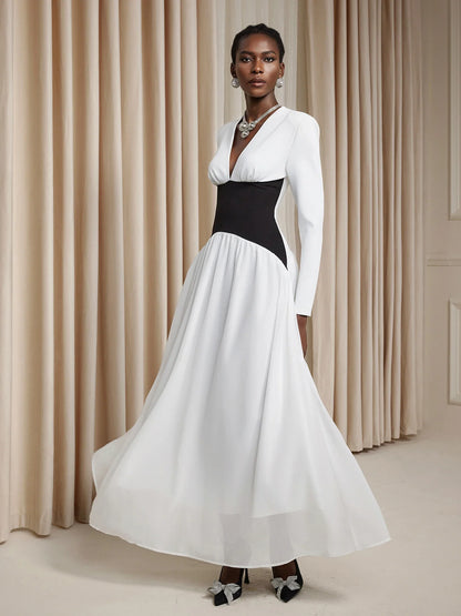 White V-Neck High-Waist Maxi Dress