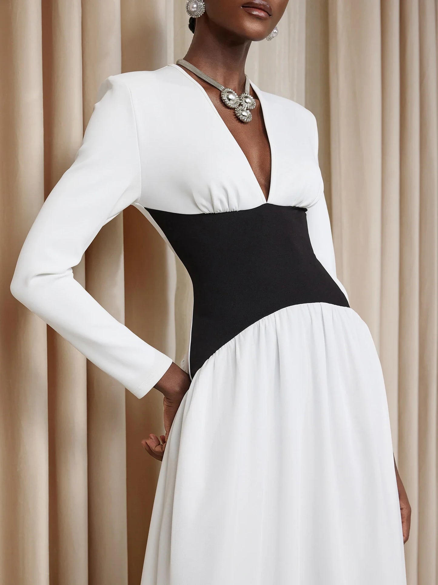 White V-Neck High-Waist Maxi Dress