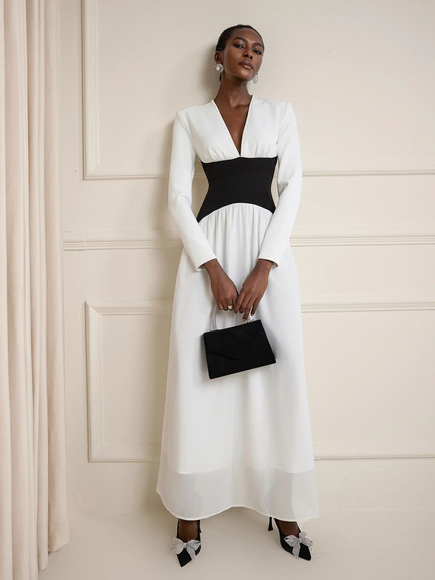White V-Neck High-Waist Maxi Dress