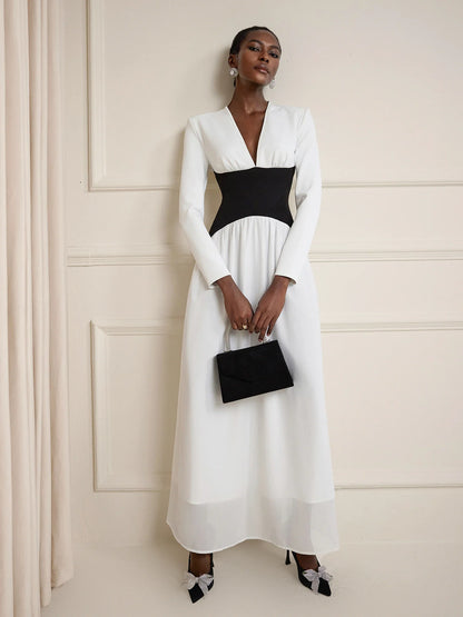 White V-Neck High-Waist Maxi Dress