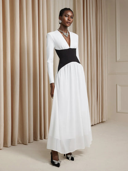 White V-Neck High-Waist Maxi Dress
