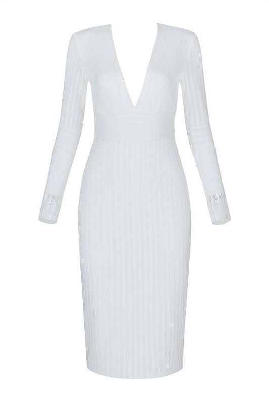 Olivia Long Sleeve Bandage Midi Dress - White Pearl - Stylish white dress for special occasions | Buy Online