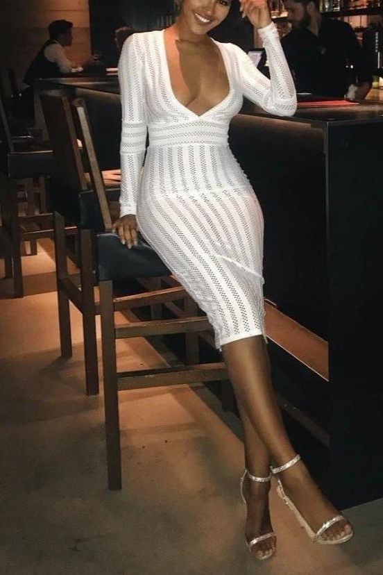 Olivia Long Sleeve Bandage Midi Dress - White Pearl - Stylish white dress for special occasions | Buy Online