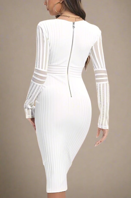 Stylish white dress | Olivia Long Sleeve Bandage Midi Dress - White Pearl - Ideal for special occasions