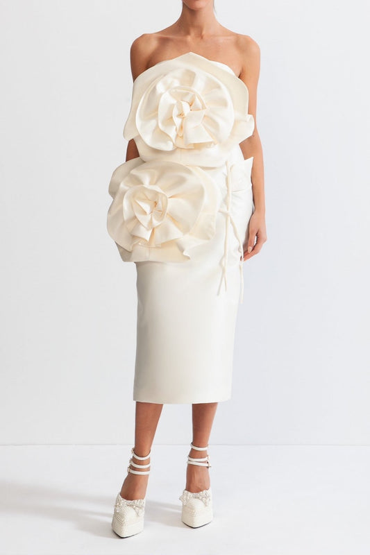 bonnie 3D Voluminous Flower Design Midi Dress - Ivoire