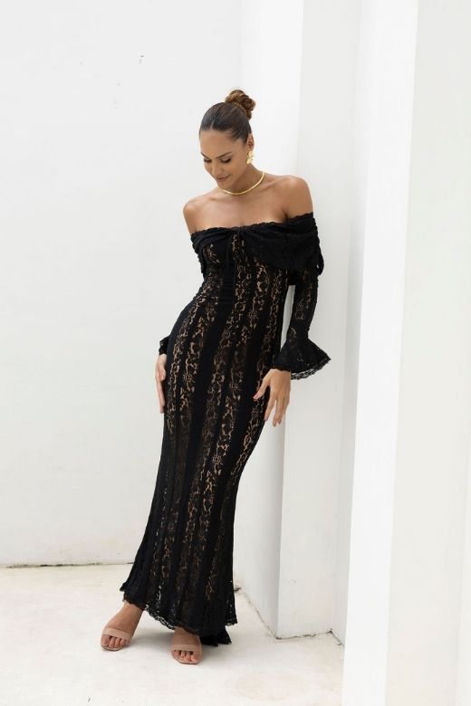 Stylish black dress | Rose Long Sleeve Bodycon Maxi Dress - Classic Black - Ideal for special occasions