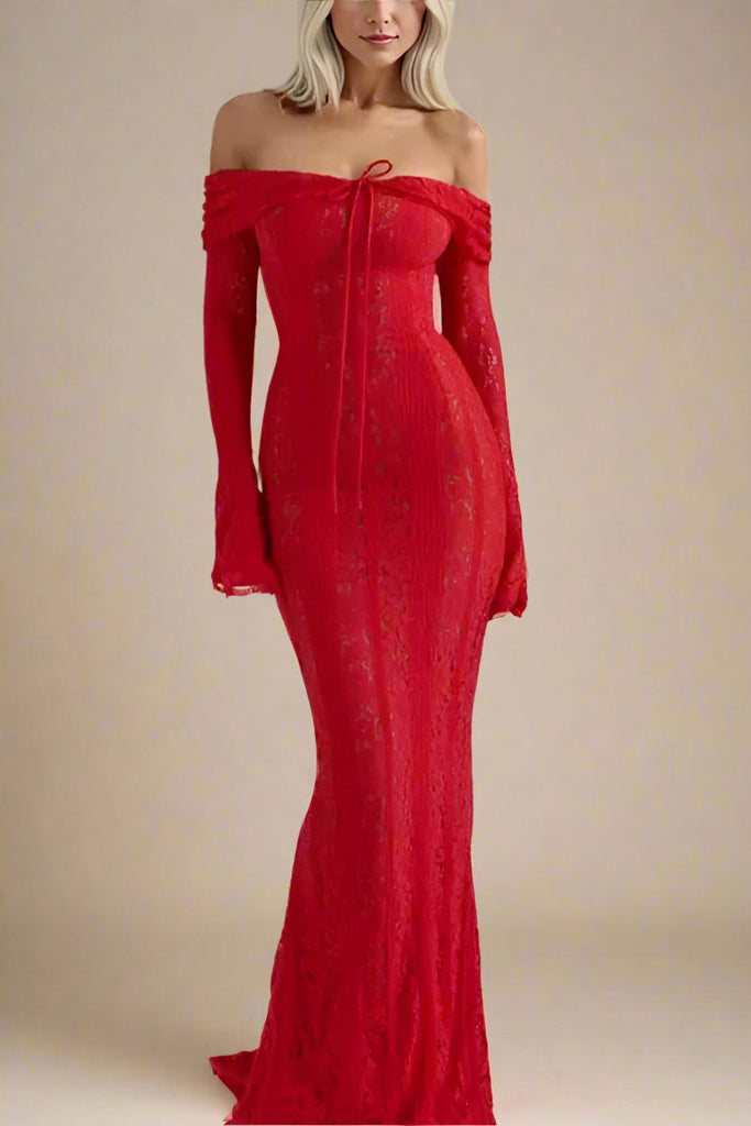 Stylish red dress | Rose Long Sleeve Bodycon Maxi Dress - Lipstick Red - Ideal for special occasions