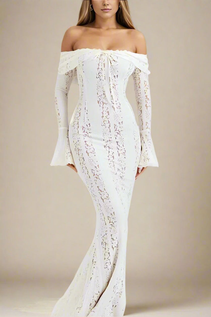 Shop  white dress - Perfect for special occasions | Rose Long Sleeve Bodycon Maxi Dress - White Pearl