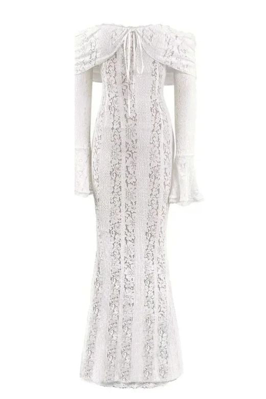 Rose Long Sleeve Bodycon Maxi Dress - White Pearl - Stylish white dress for special occasions | Buy Online