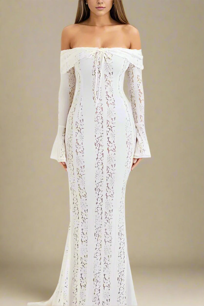 Stylish white dress | Rose Long Sleeve Bodycon Maxi Dress - White Pearl - Ideal for special occasions