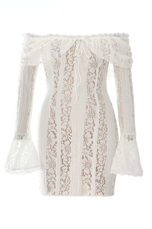 Stylish white dress | Rose Long Sleeve Bodycon Mini Dress - White Pearl - Ideal for special occasions