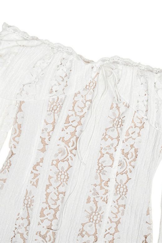 Rose Long Sleeve Bodycon Mini Dress - White Pearl - Stylish white dress for special occasions | Buy Online