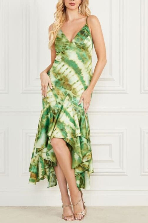 Shop fall green dress - Perfect for special occasions | marciano waterfall printed satin midi dress in green