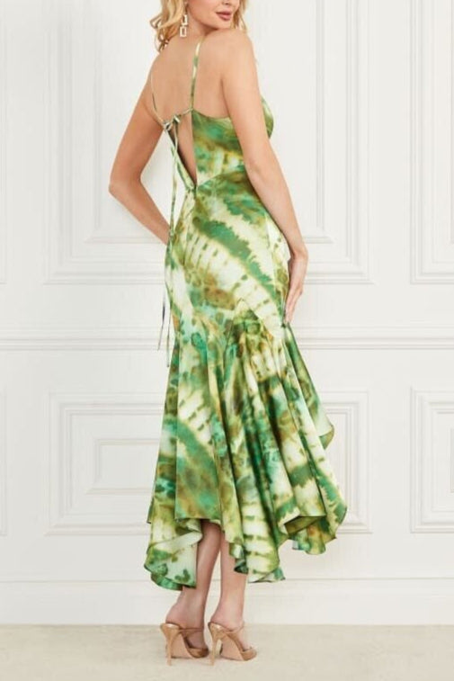 Stylish green dress | marciano waterfall printed satin midi dress in green - Ideal for special occasions