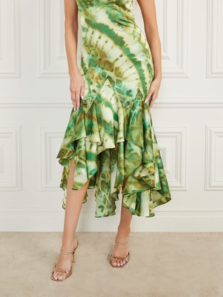 Stylish green dress | marciano waterfall printed satin midi dress in green - Ideal for special occasions