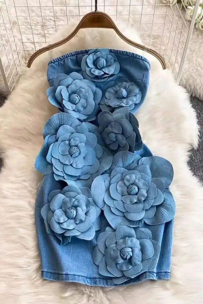 Shop  beautiful dress - Perfect for special occasions | Samantha Floral Bandeau Denim Mini Dress