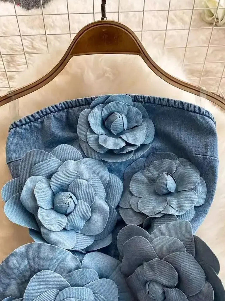 Samantha Floral Bandeau Denim Mini Dress - Stylish beautiful dress for special occasions | Buy Online