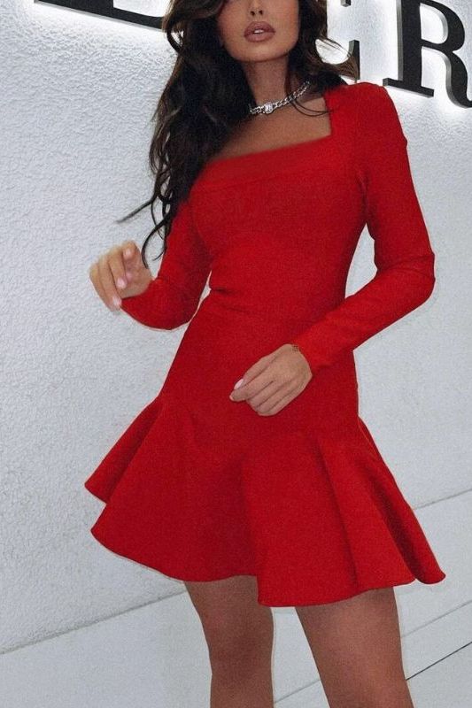 Stylish red dress | Sara Bodycon Long Sleeve Mini Dress - Lipstick Red - Ideal for special occasions