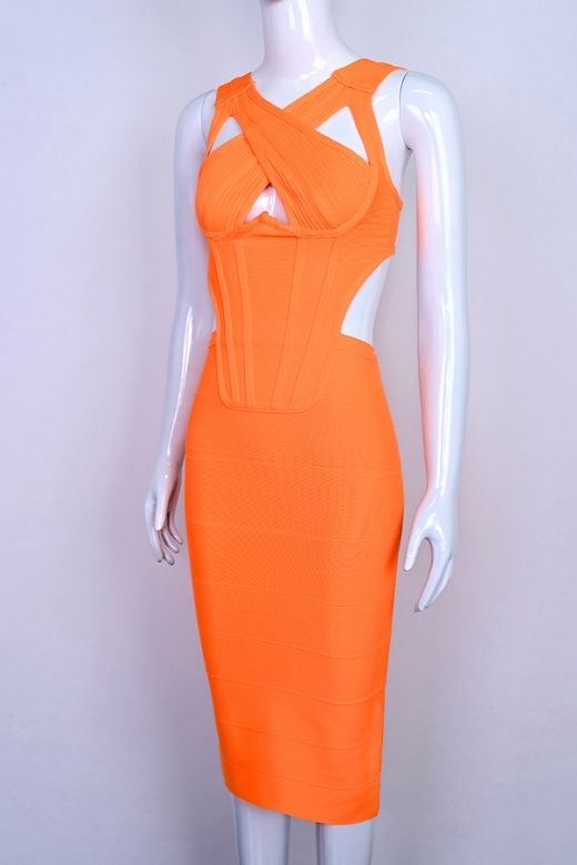Stylish orange dress | Sasha Bandage Midi Dress - Apricot Orange - Ideal for special occasions