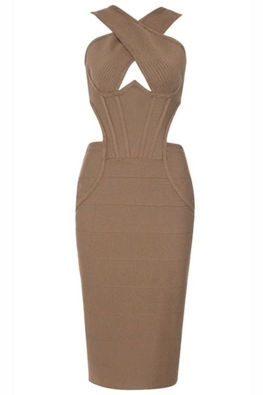 Sasha Bandage Midi Dress - Tan - Stylish beautiful dress for special occasions | Buy Online