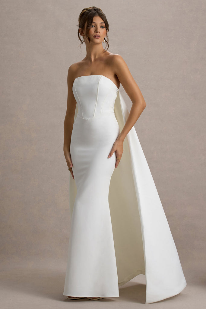 Stylish white dress | She's Trouble | White Bandeau Maxi Dress With Cape - Ideal for special occasions