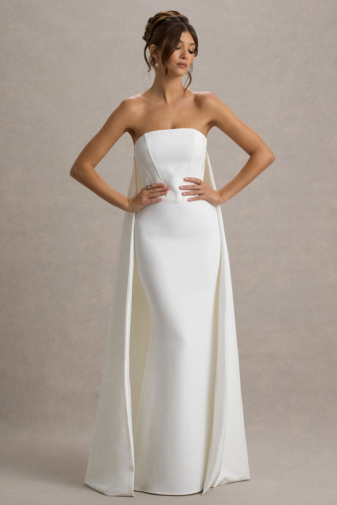 Stylish white dress | She's Trouble | White Bandeau Maxi Dress With Cape - Ideal for special occasions