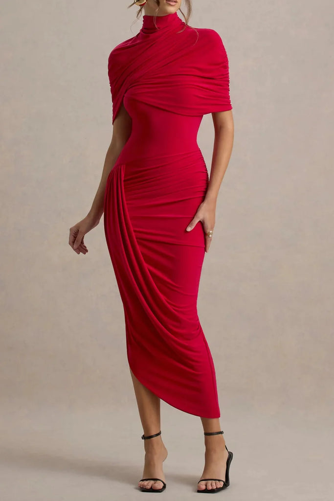 lorraine Asymmetric Cape Ruched Midi Dress - Red - Stylish red dress for special occasions | Buy Online