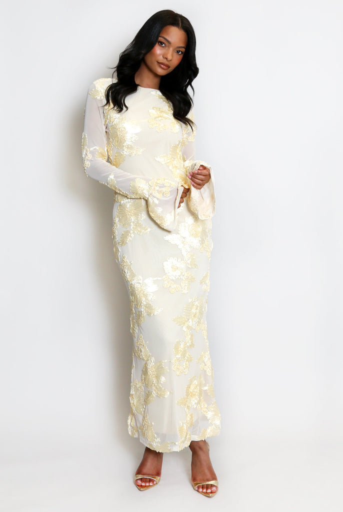 Stylish beautiful dress | Floral Lace Lined Flute Cuffs Midi Dress - Ideal for special occasions