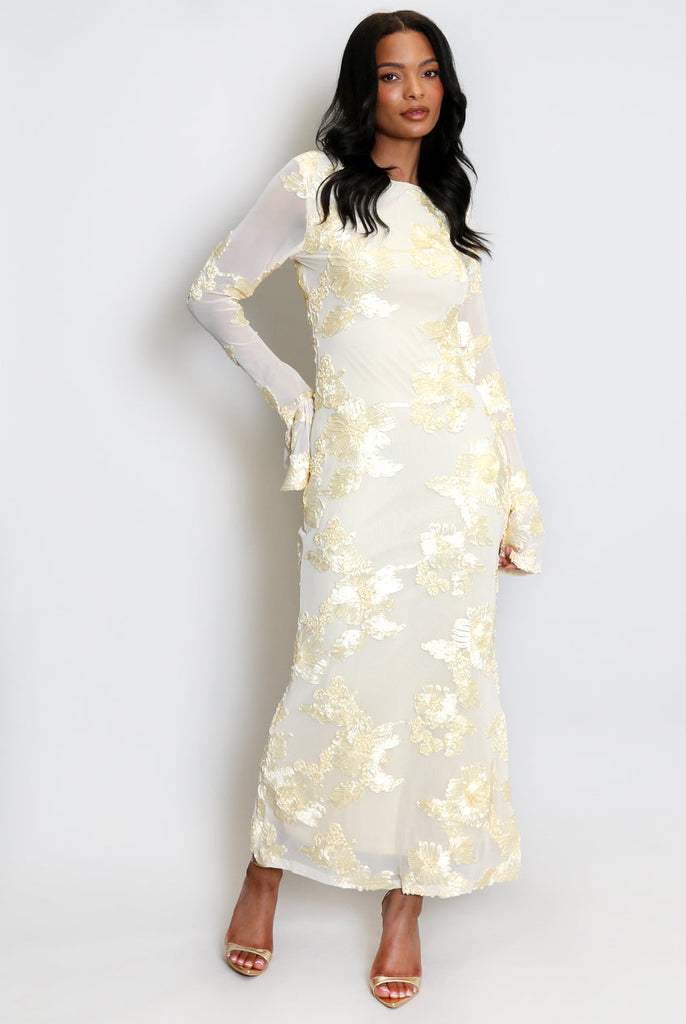 Floral Lace Lined Flute Cuffs Midi Dress - Stylish beautiful dress for special occasions | Buy Online